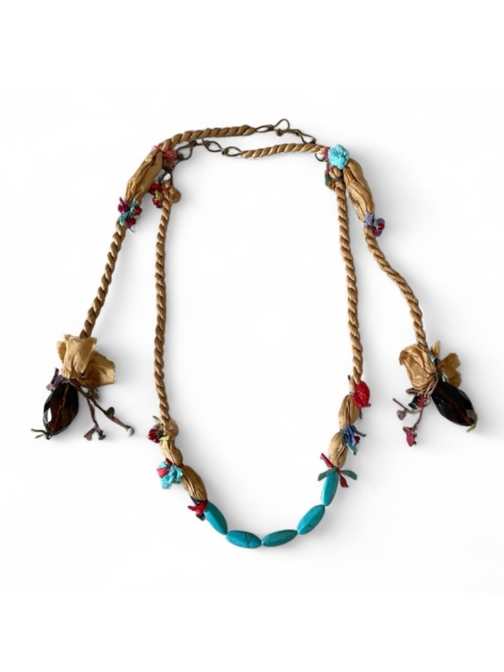 Boho Silk Necklace‎ w/ Semi-Precious Stones & Glass Beads